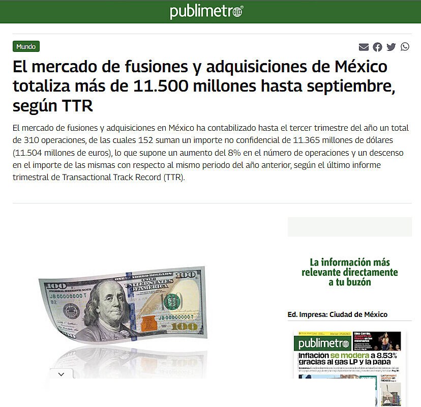 El mercado de fusiones y adquisiciones de Mxico totaliza ms de 11.500 millones hasta septiembre, segn TTR